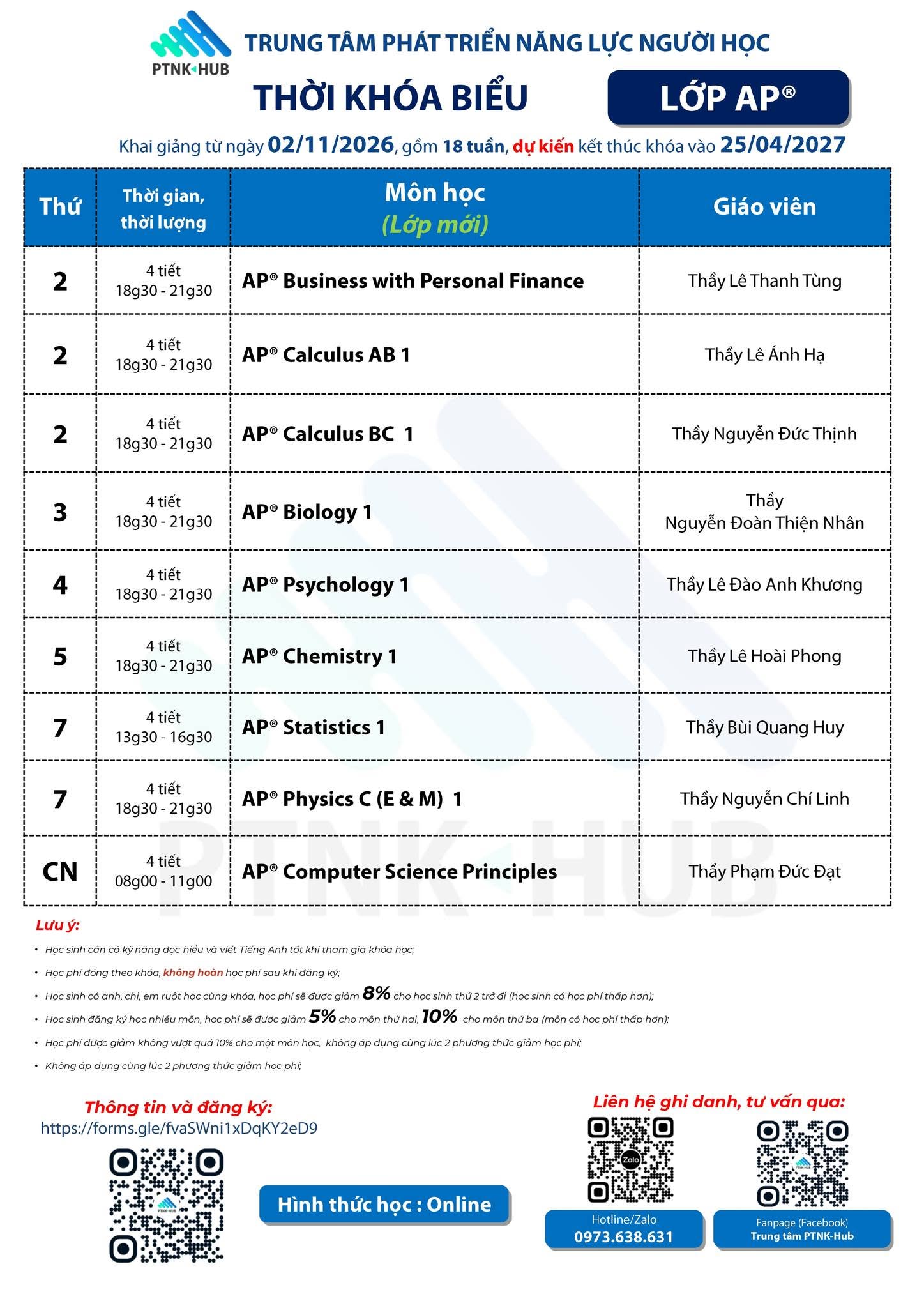 Thời khóa biểu các lớp AP mới